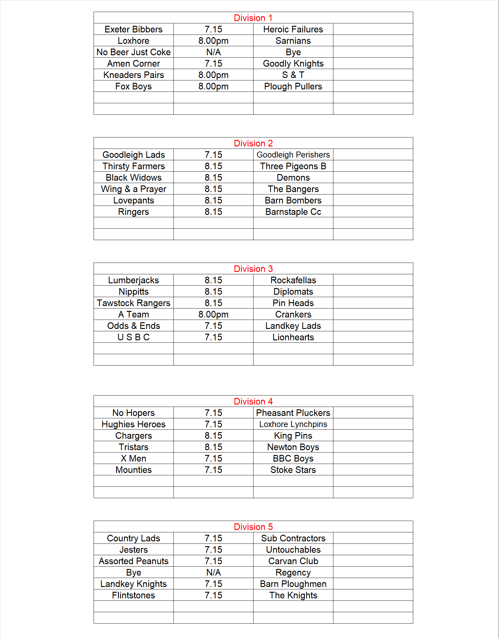 Fixtures 28th September 2026