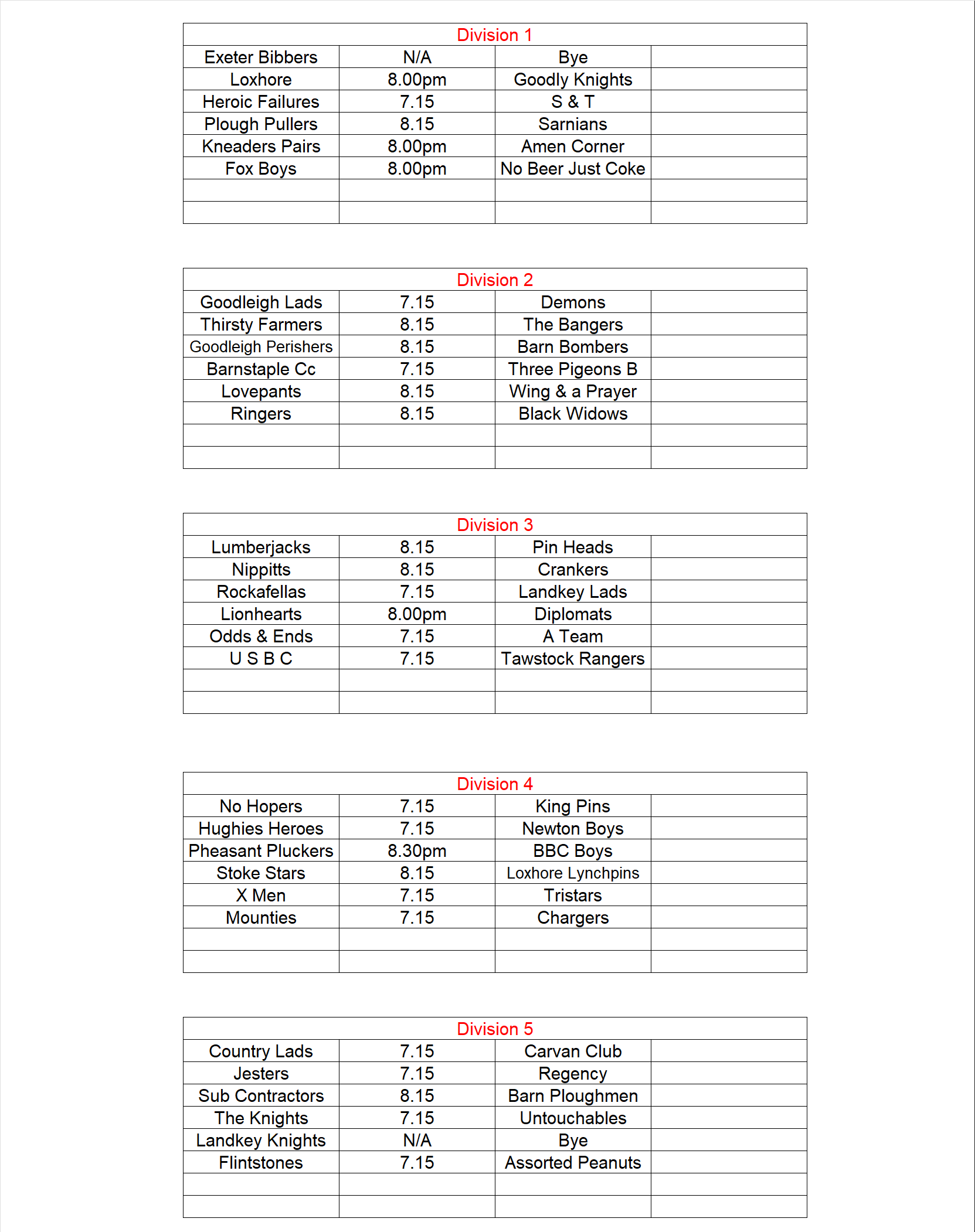 Fixtures 28th September 2026